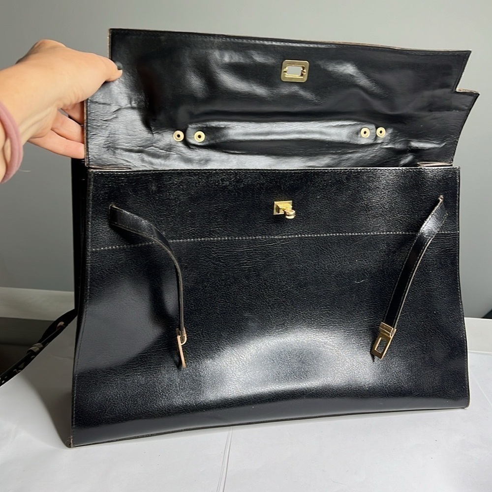 Vintage Large Black Leather Sellier Style Handbag Made in France - Picture 10 of 14